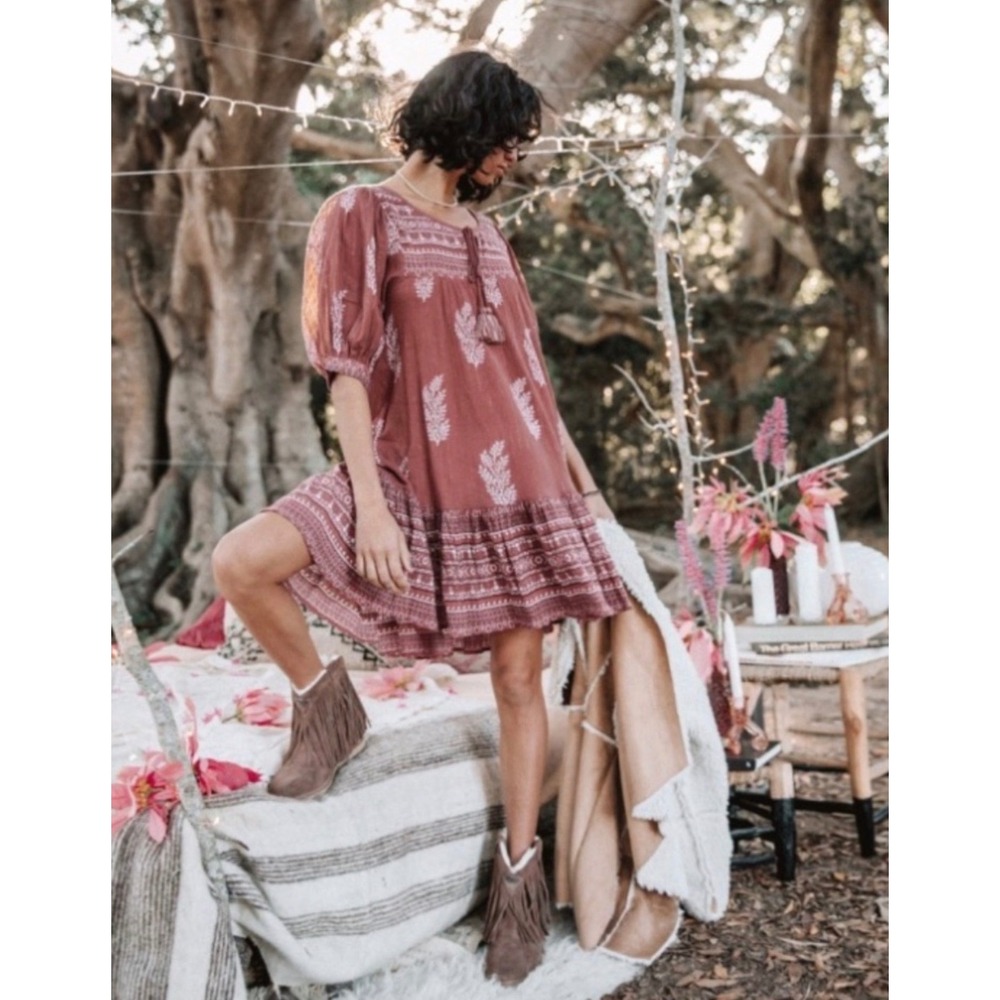 Daughters of India S Rust Boho Fall Mini Dress Lurex Tassel Peasant Prairie